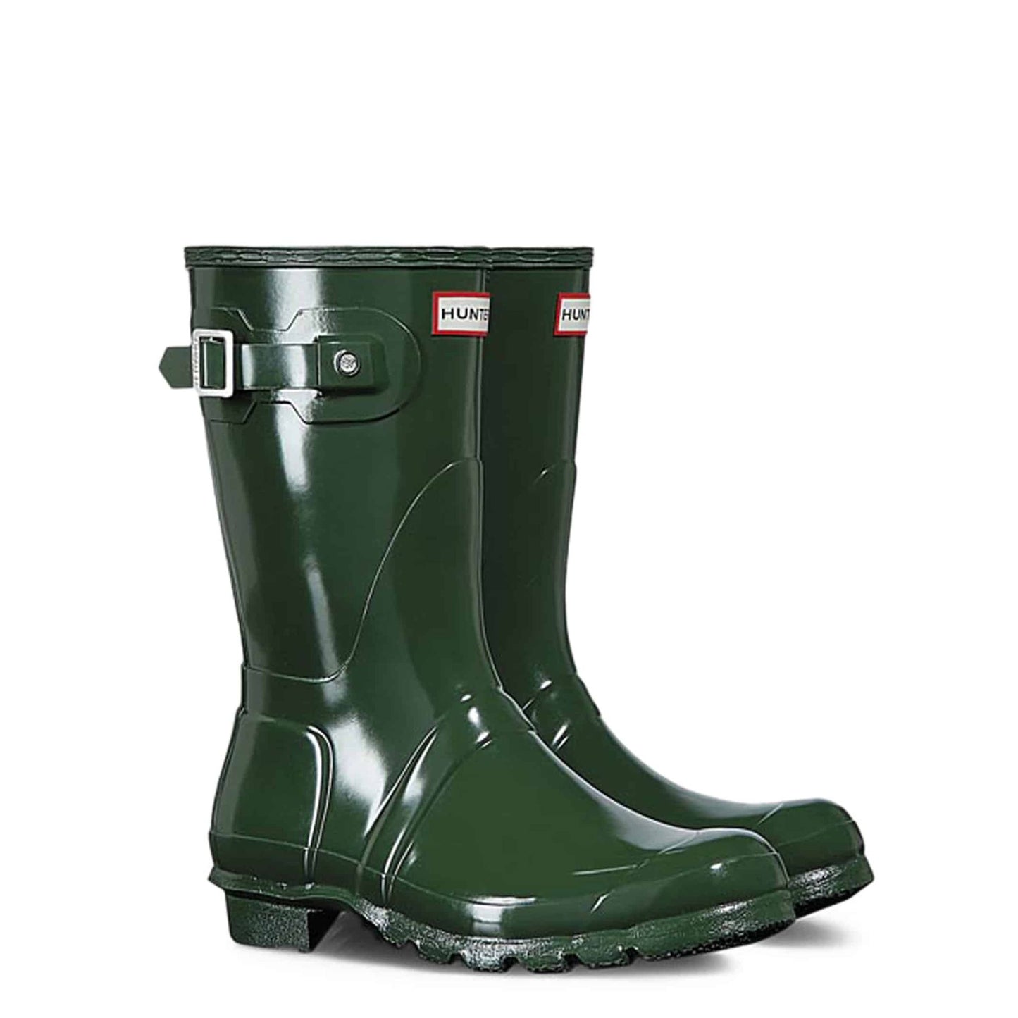 Hunter rain boots in dark green color, stylish and durable for fall/winter weather.