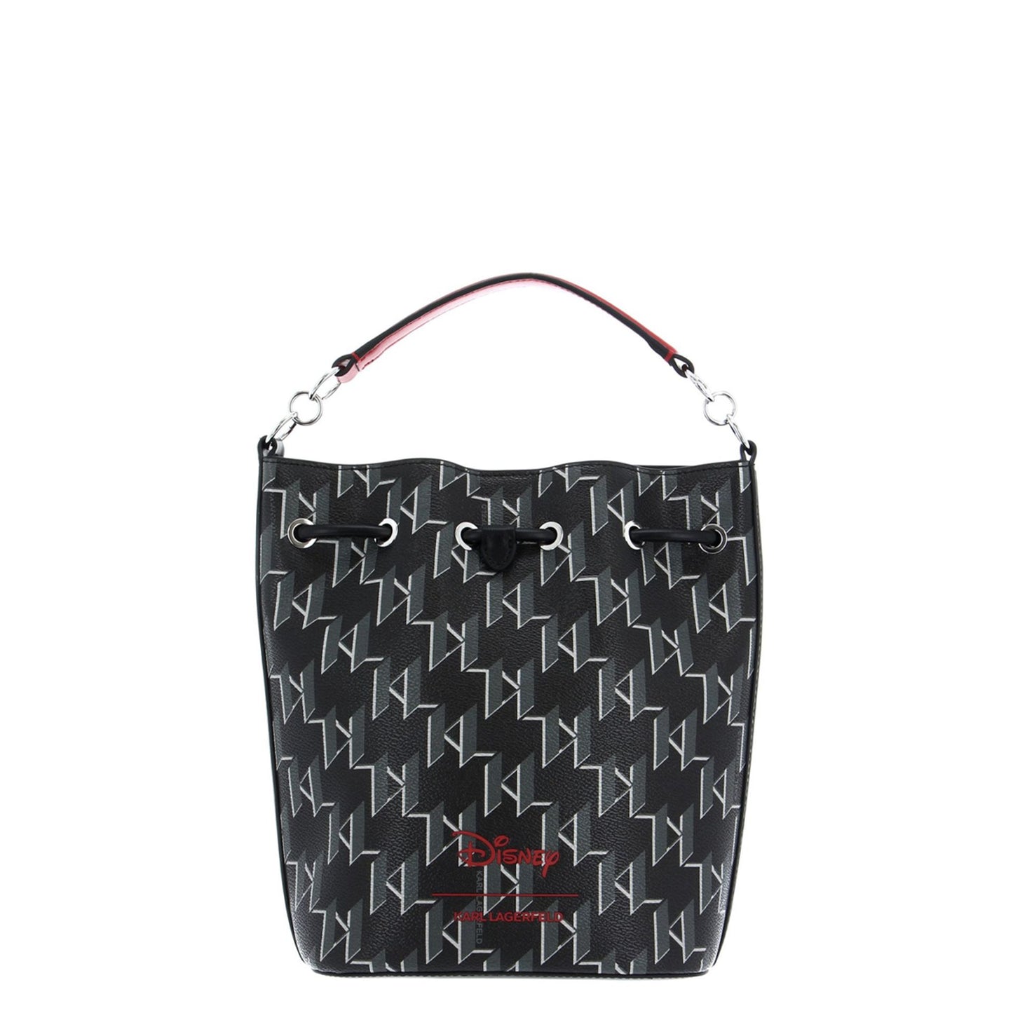 Karl Lagerfeld handbags for women - stylish black bucket bag with logo pattern and red accents.
