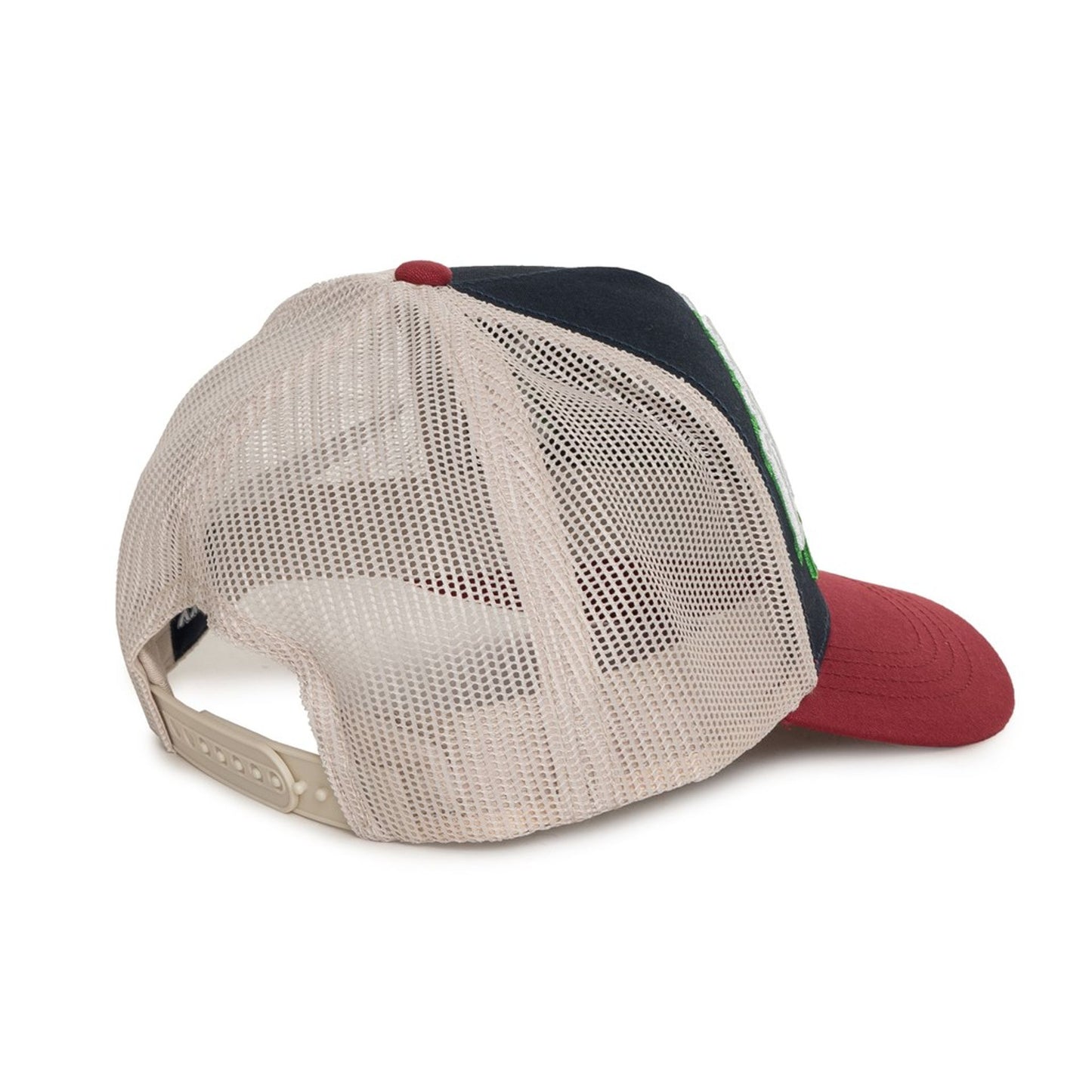 Back view of a husky baseball cap showing mesh design and red visor, perfect for men seeking style and comfort.