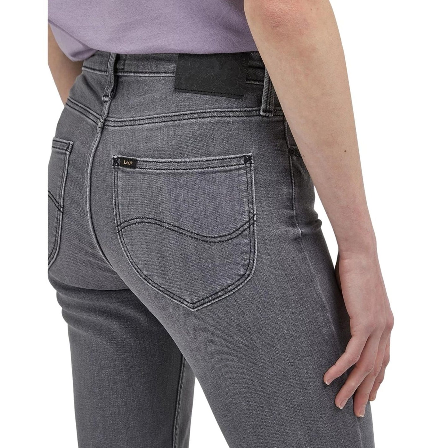 Woman wearing Lee women jeans in gray color, showcasing the back view.