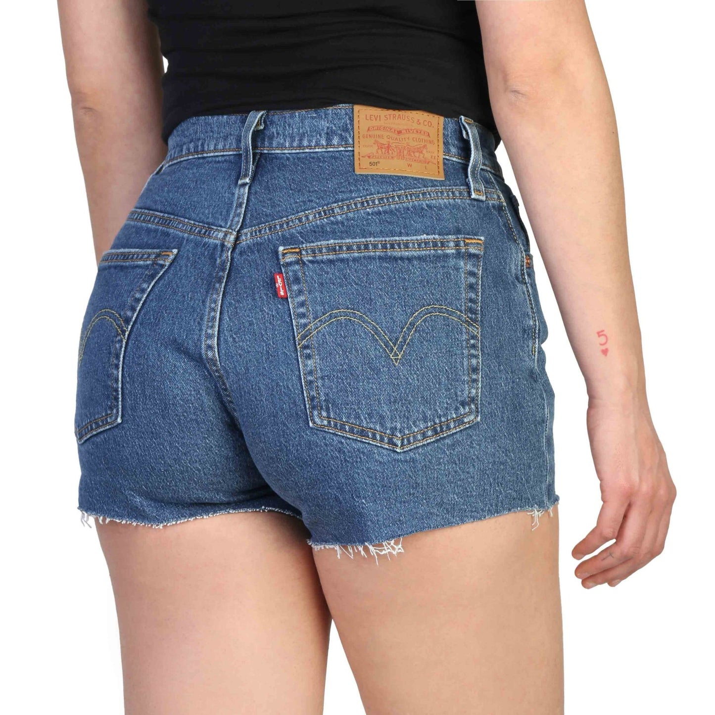 Levis women's shorts, back view showing denim fabric and signature logo patch, perfect for warm weather style.