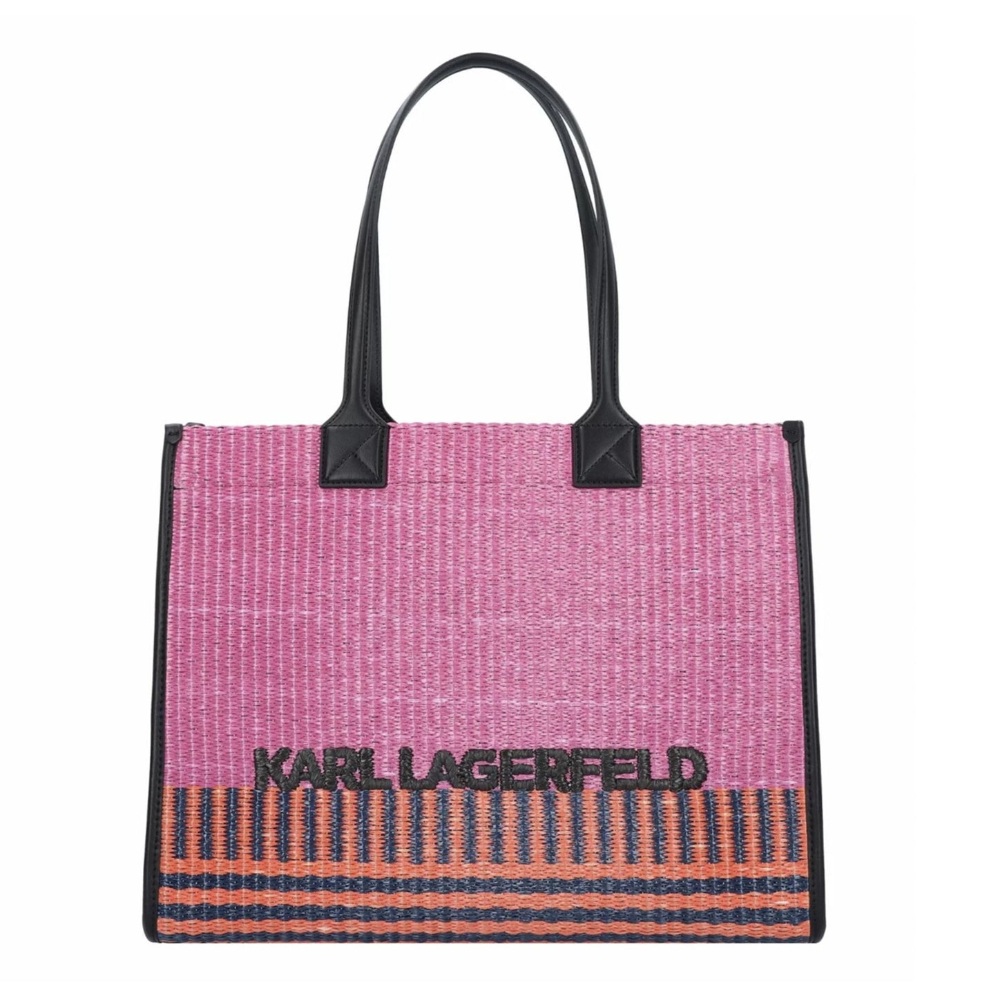 Karl Lagerfeld women's shopping bags in pink with black leather handles and logo design.