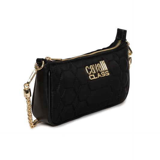 Cavalli Class shoulder bags for women, black quilted purse with gold detailing and chain strap.