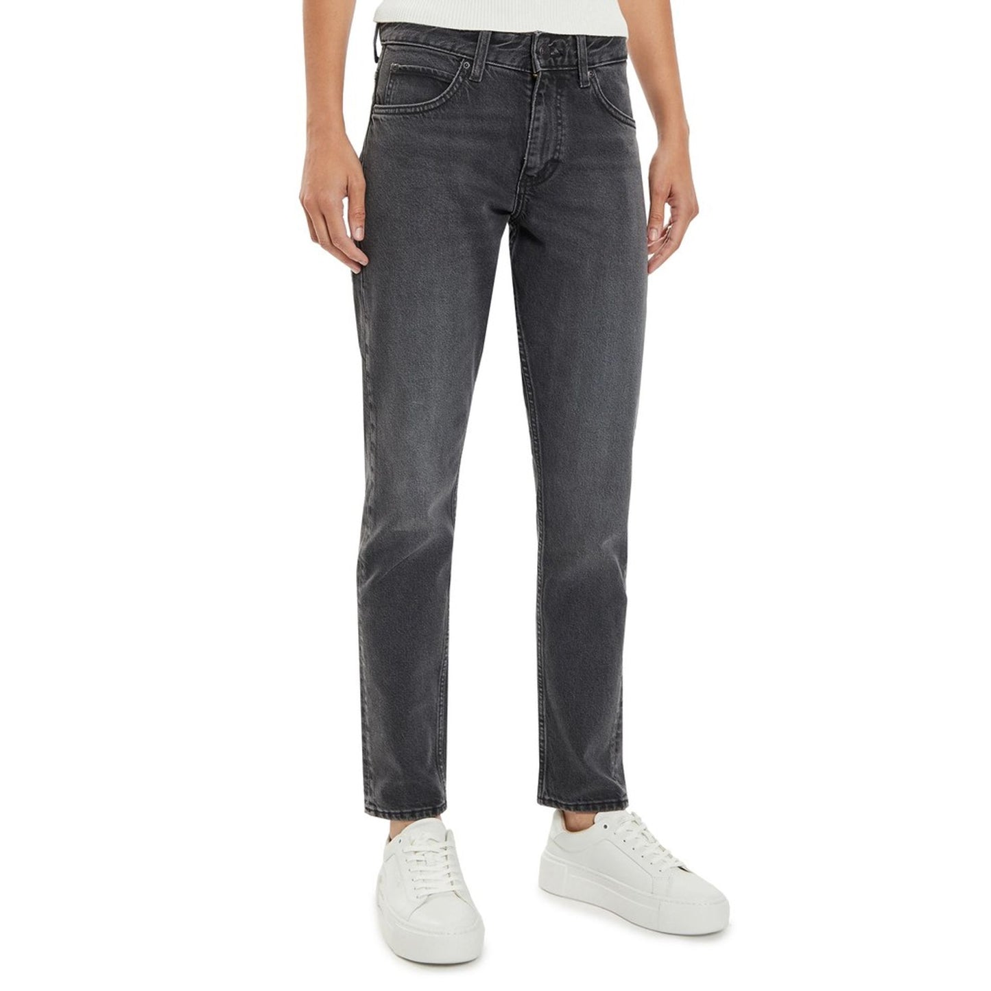 women's Lee jeans in dark gray, styled with a white shirt and white sneakers, perfect for casual outfits.