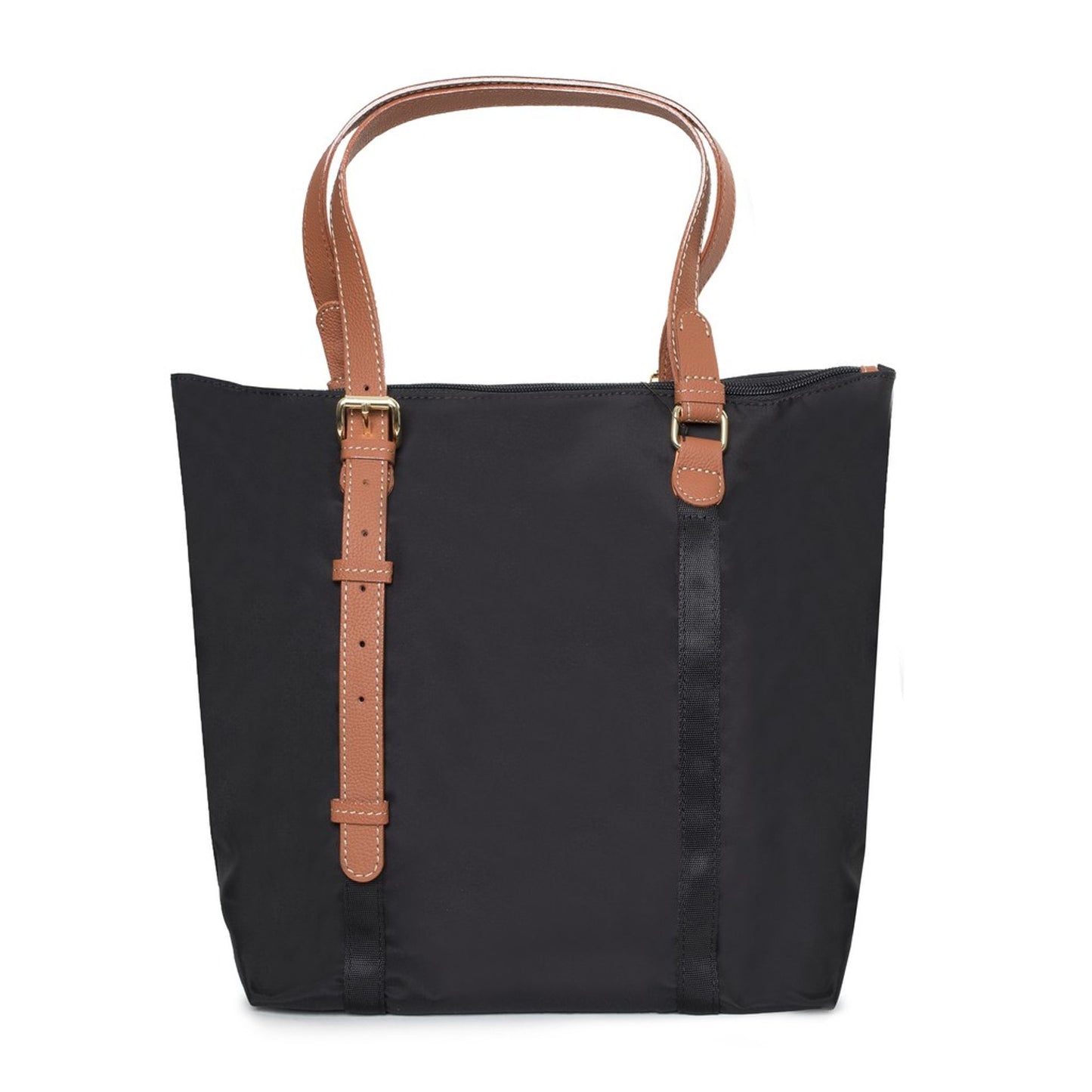 Bric's women's shopping handbags featuring a stylish black tote design with tan shoulder straps.