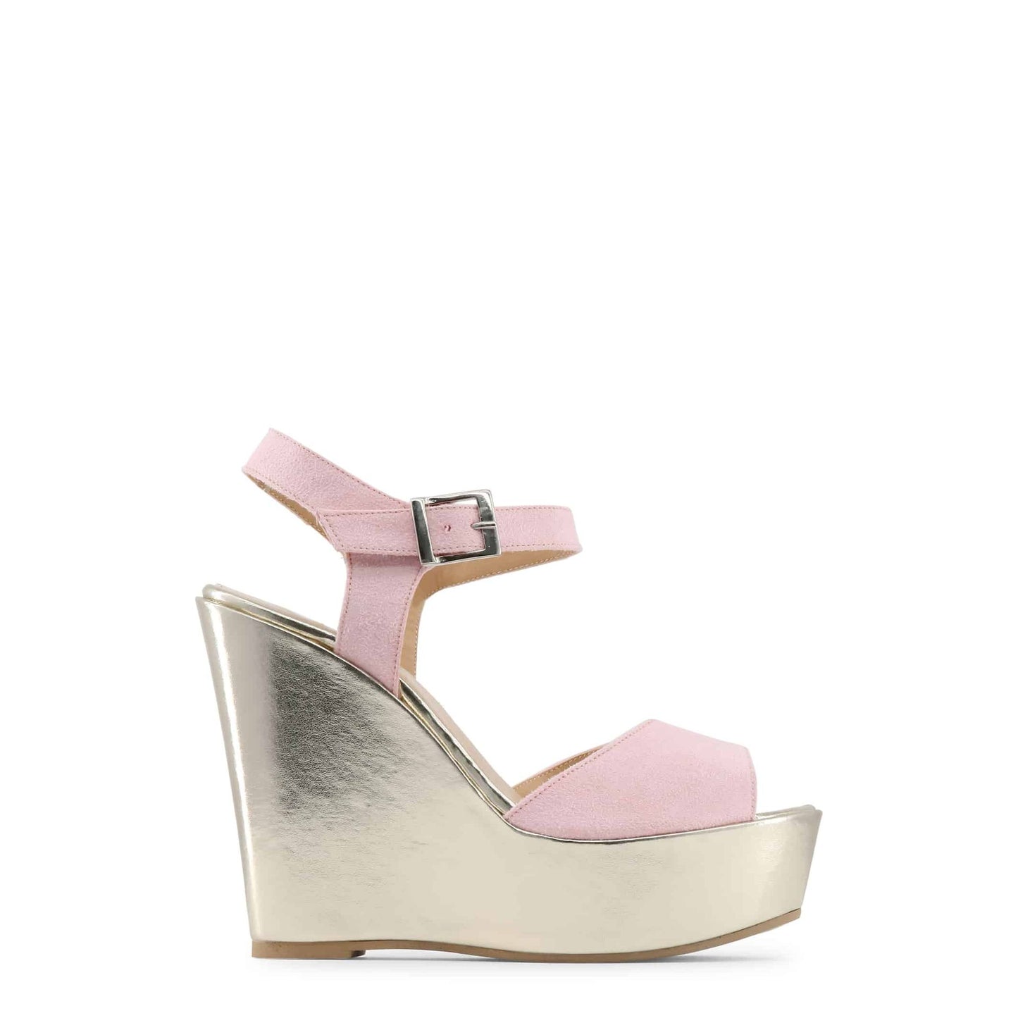 Made in Italy wedge sandals in pink eco-suede with adjustable ankle strap and metallic wedge sole.