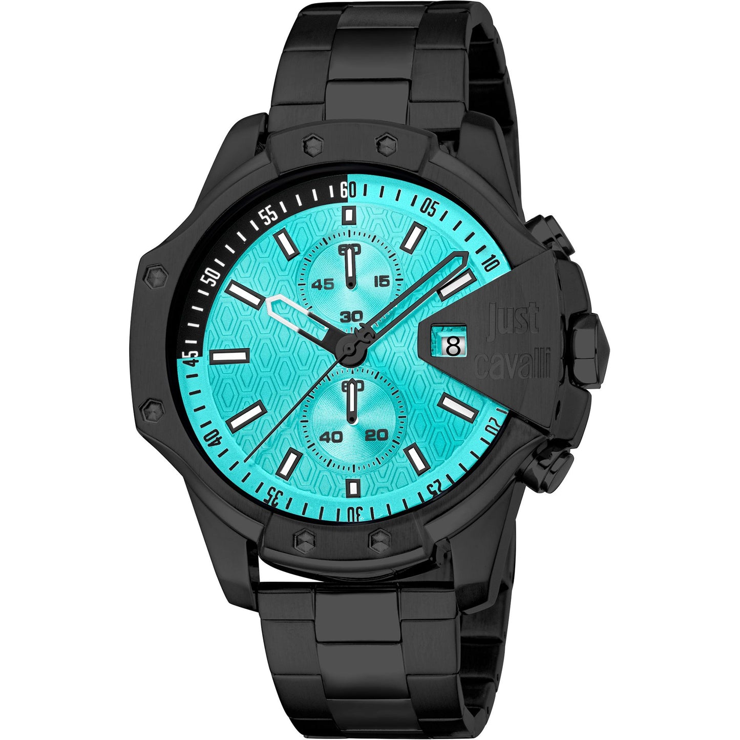 Just Cavalli men's watches with black strap and turquoise dial, showcasing multifunction features and stylish design.