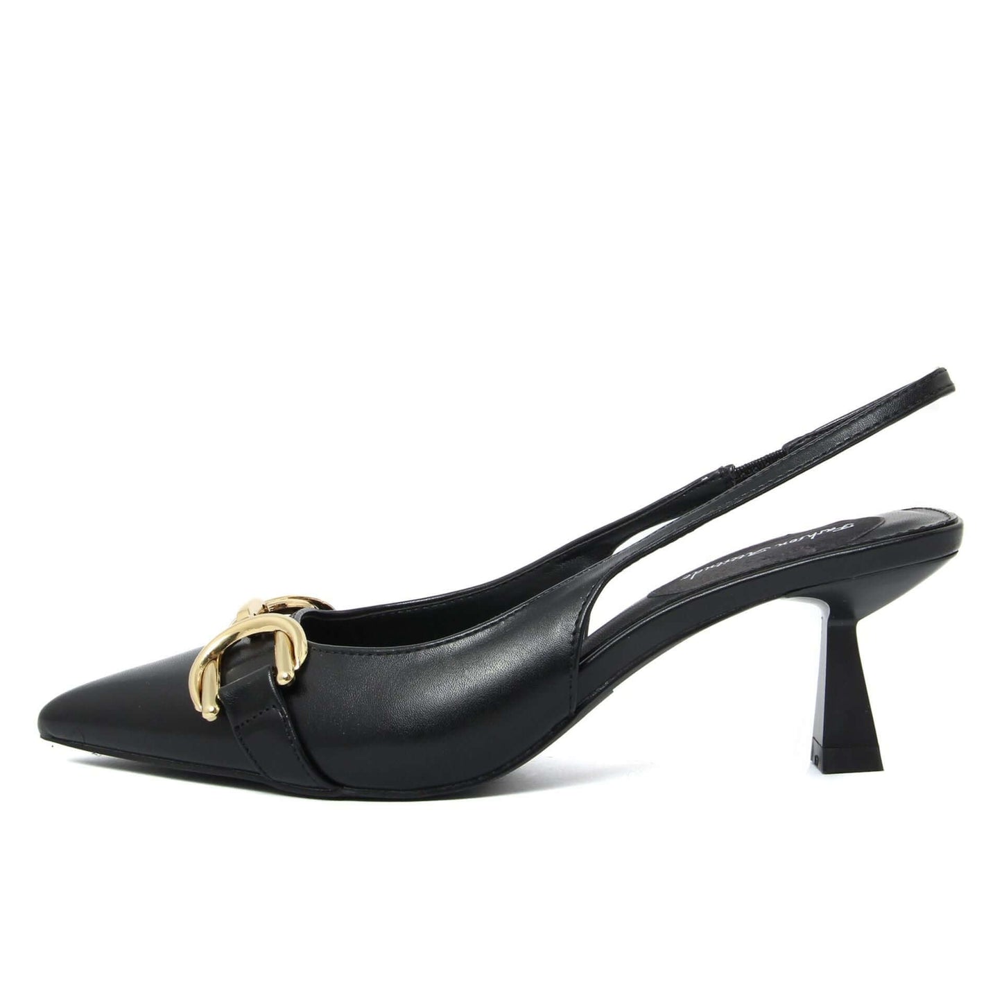 Fashion Attitude Sandals in black with gold detail and a 7 cm heel side view.