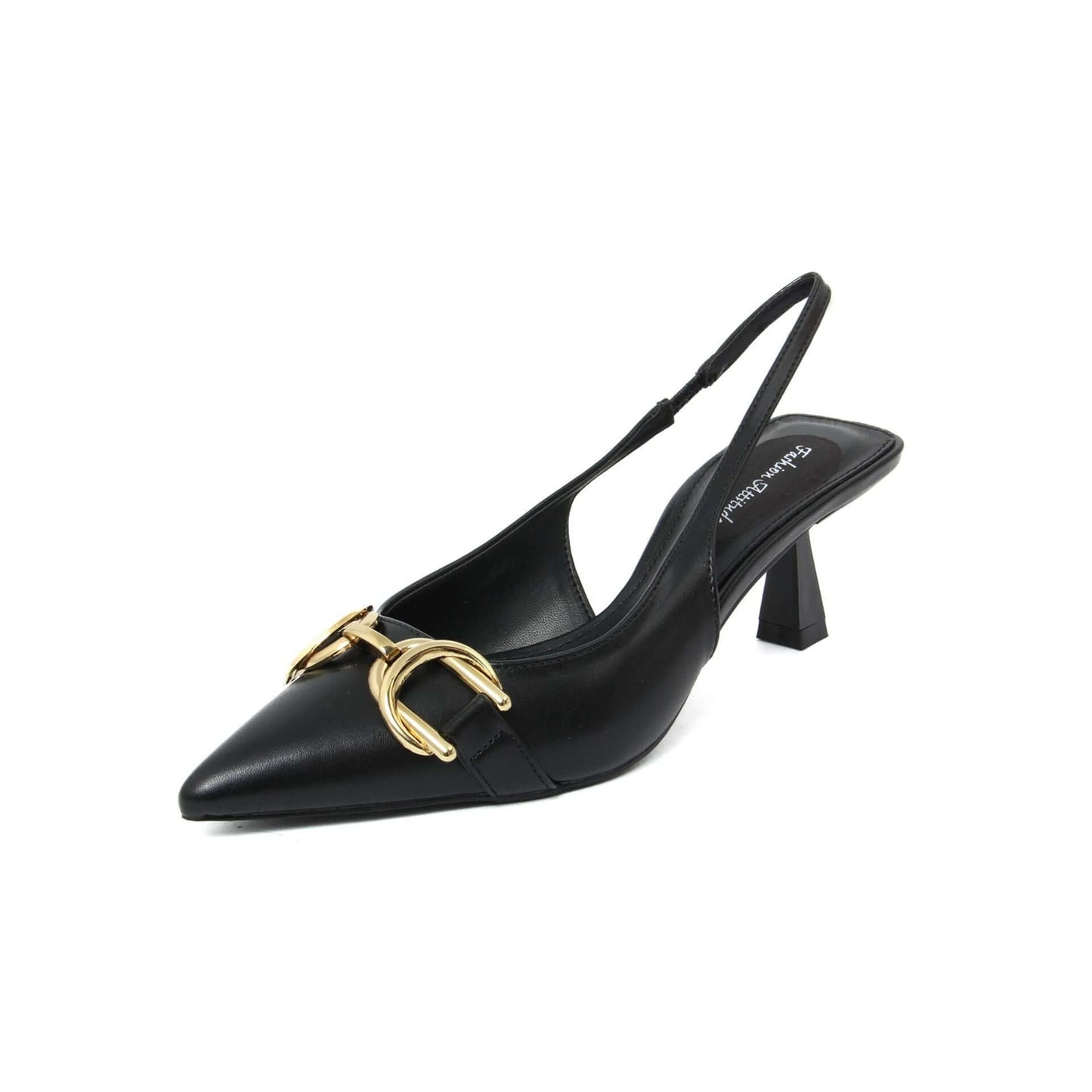 Fashion Attitude Sandals in black with gold buckle detail and slingback design, perfect for spring/summer.