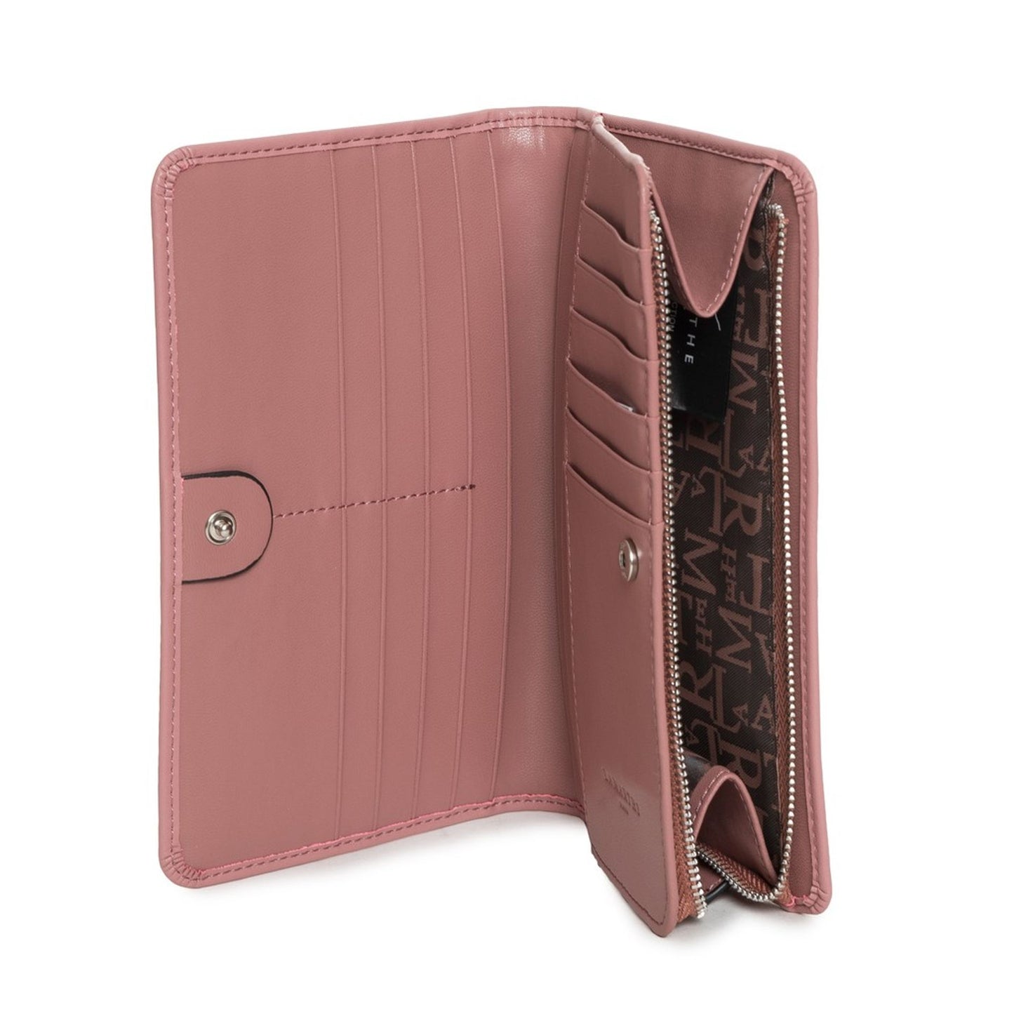 Lamarthe wallets for women, pink leather wallet interior with card slots and zippered compartment.