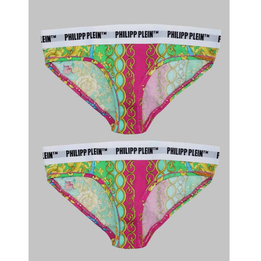 Philipp Plein women's briefs in vibrant colors with decorative patterns and logo waistbands.