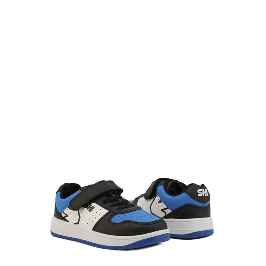 Shone kids spring summer sneakers featuring a black, white, and blue design with a Velcro strap.