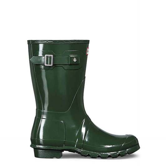 Hunter rain boots in dark green color, designed for fall/winter, featuring a buckle and durable sole.