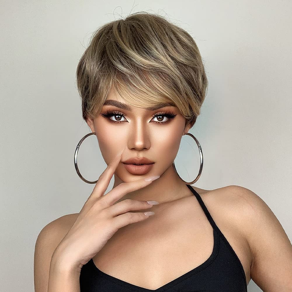 Female Hair Wigs - Short Golden Brown Wavy with Bangs, Layered Human Hair Wigs for Women