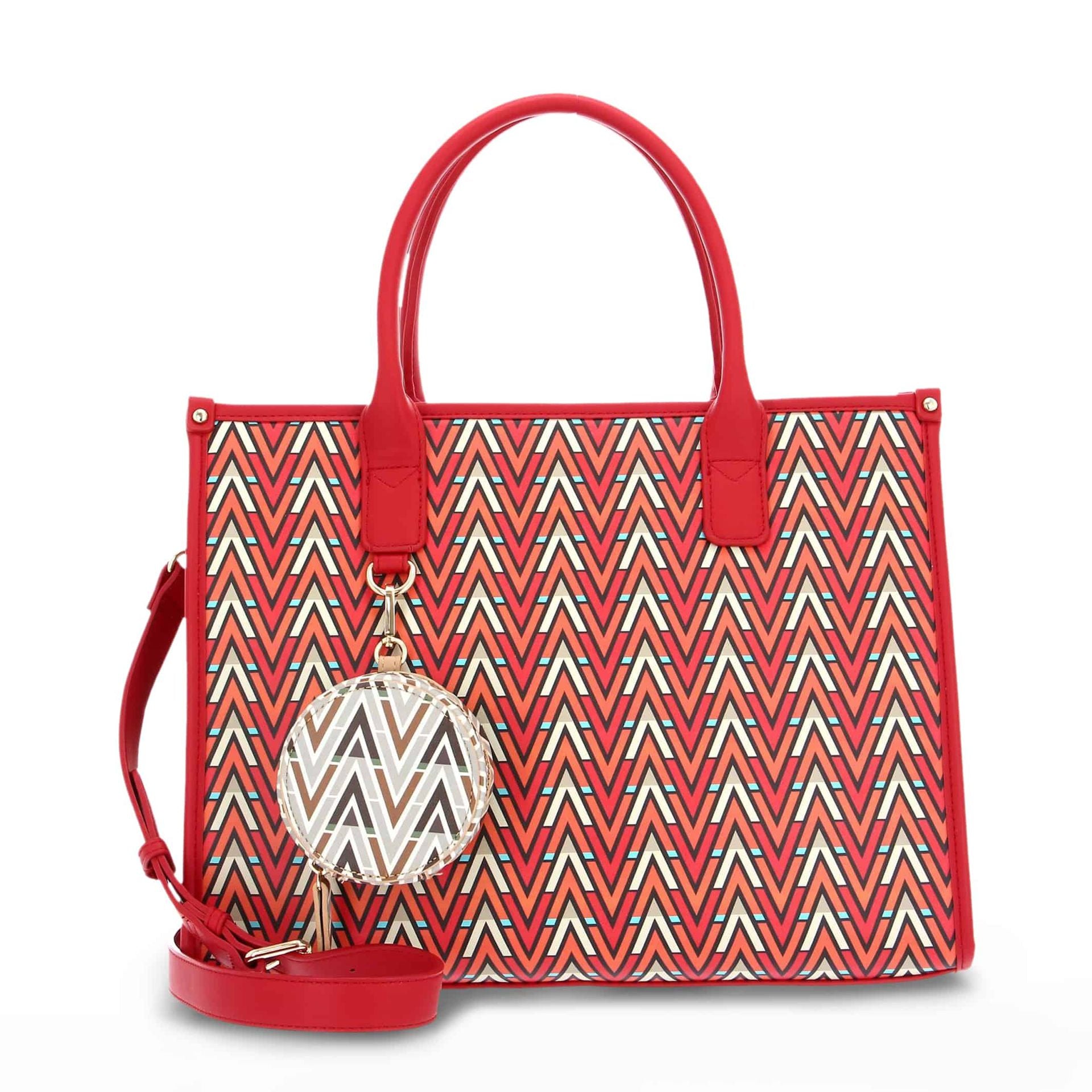 Valentino shopping bags for women featuring a red zigzag design and detachable charm.