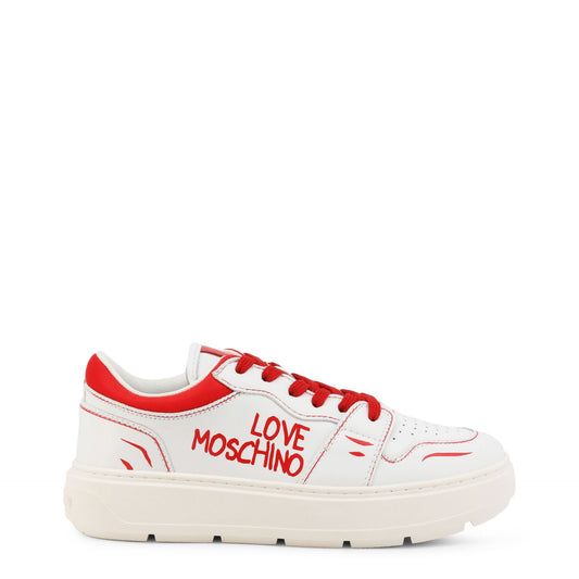 Love Moschino women's sneakers in white and red with logo detailing on side view.