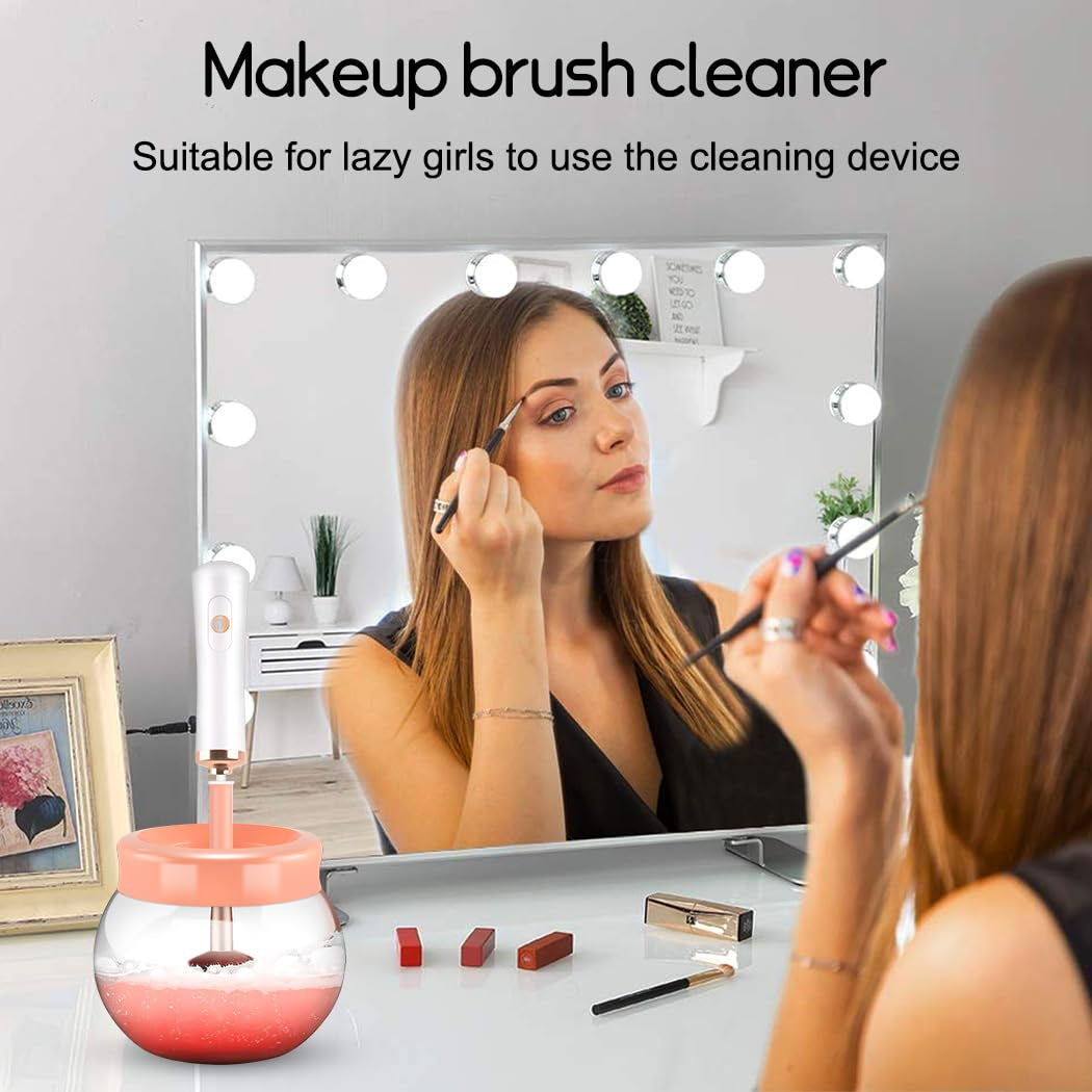 Makeup Brush Cleaner,Electric Makeup Brush Cleaner Machine with 8 Rubber Collars,Deep Cosmetic Automatic Brush Spinner for All Brushes,Wash and Dry in Seconds (Pink)