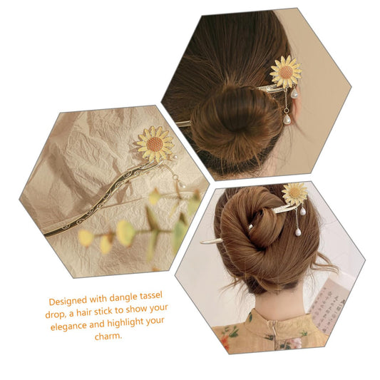 Sunflower Wooden Hair Stick for Women Elegant Floral Hair Pin Dangle for Weddings and Everyday Styling Vintage Accessory for Buns and Updos 6.1 Inch