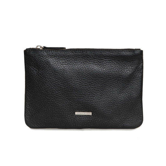 Lamarthe women's clutch handbags in stylish black leather with zip fastening and visible logo.