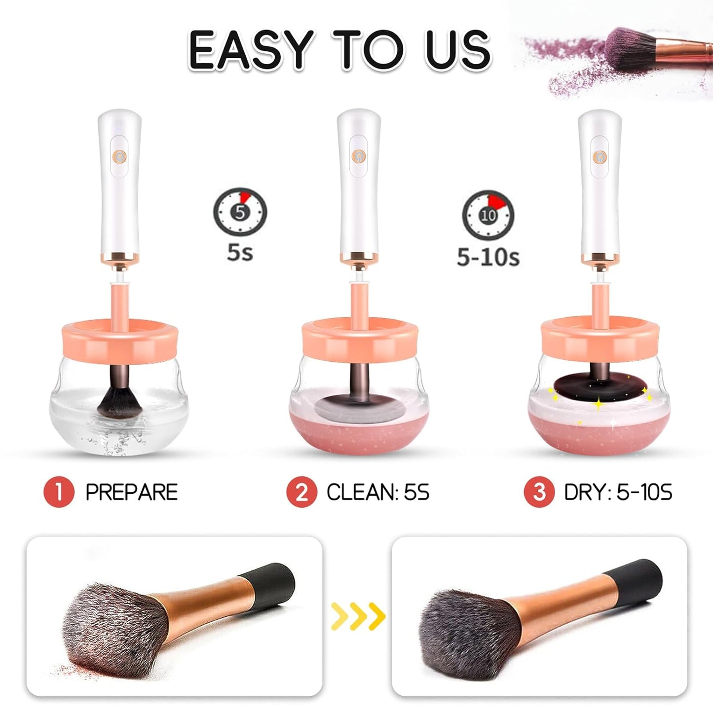 Makeup Brush Cleaner,Electric Makeup Brush Cleaner Machine with 8 Rubber Collars,Deep Cosmetic Automatic Brush Spinner for All Brushes,Wash and Dry in Seconds (Pink)