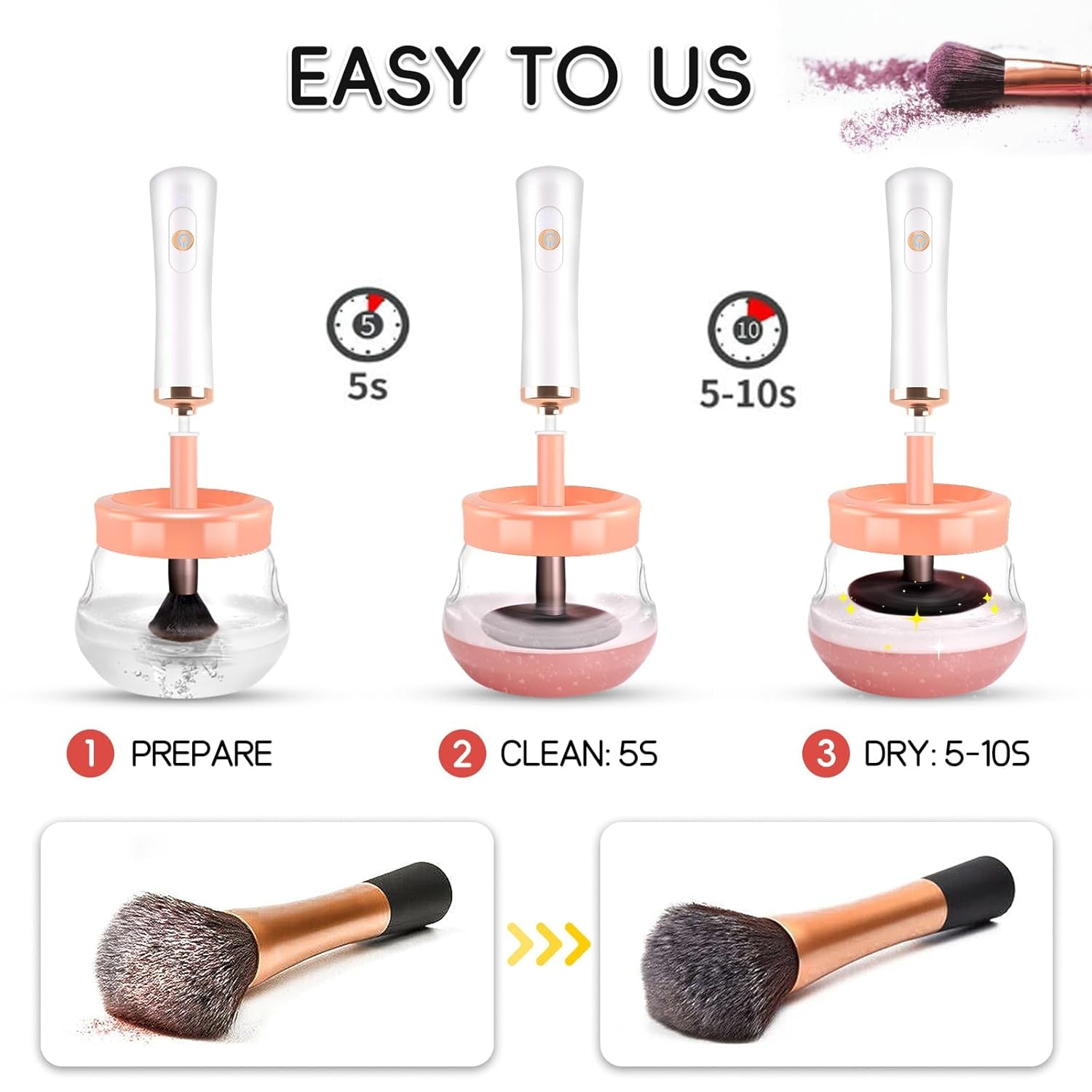 Makeup Brush Cleaner,Electric Makeup Brush Cleaner Machine with 8 Rubber Collars,Deep Cosmetic Automatic Brush Spinner for All Brushes,Wash and Dry in Seconds (Pink)
