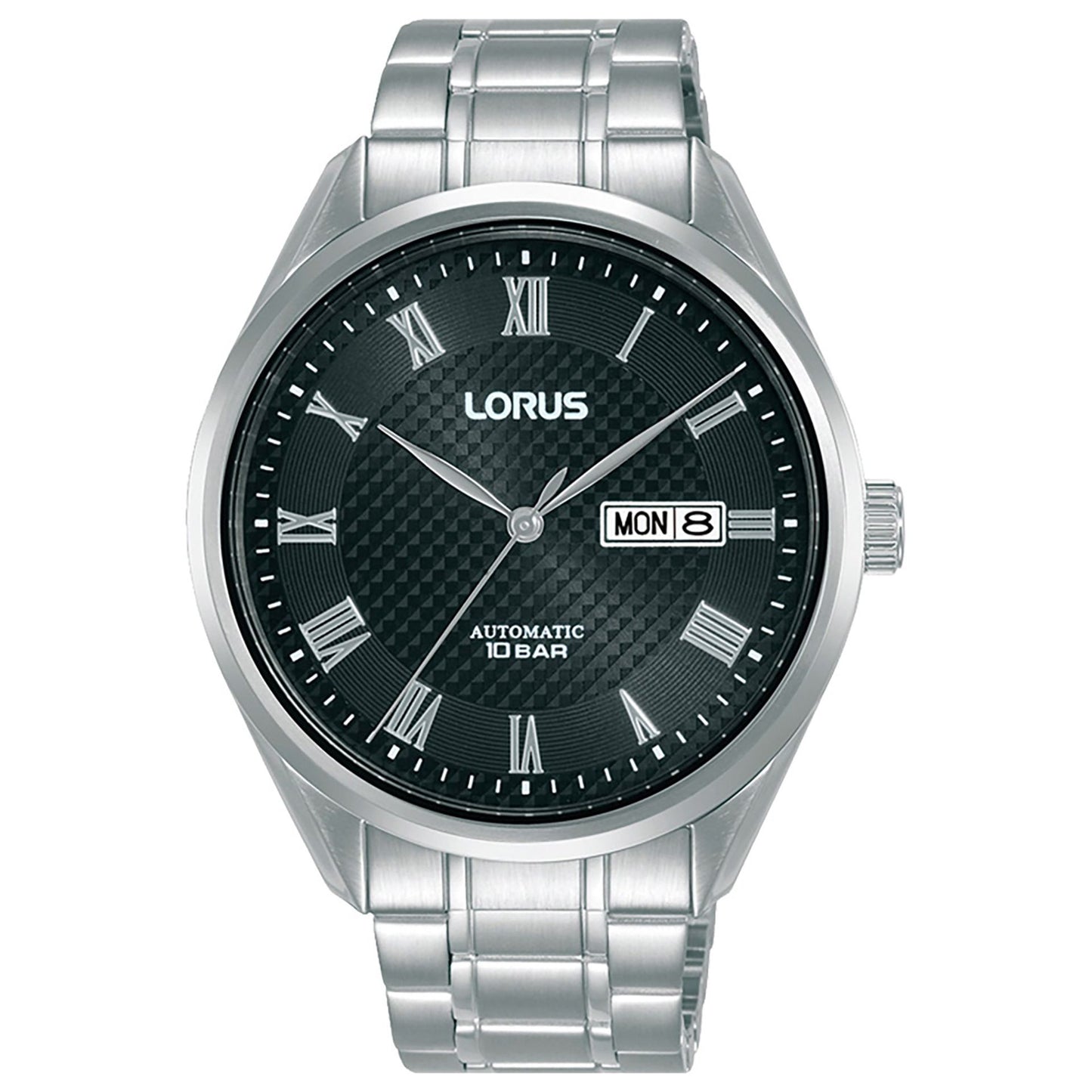 Lorus men's watches featuring a black dial, silver bracelet, and automatic movement with date display.