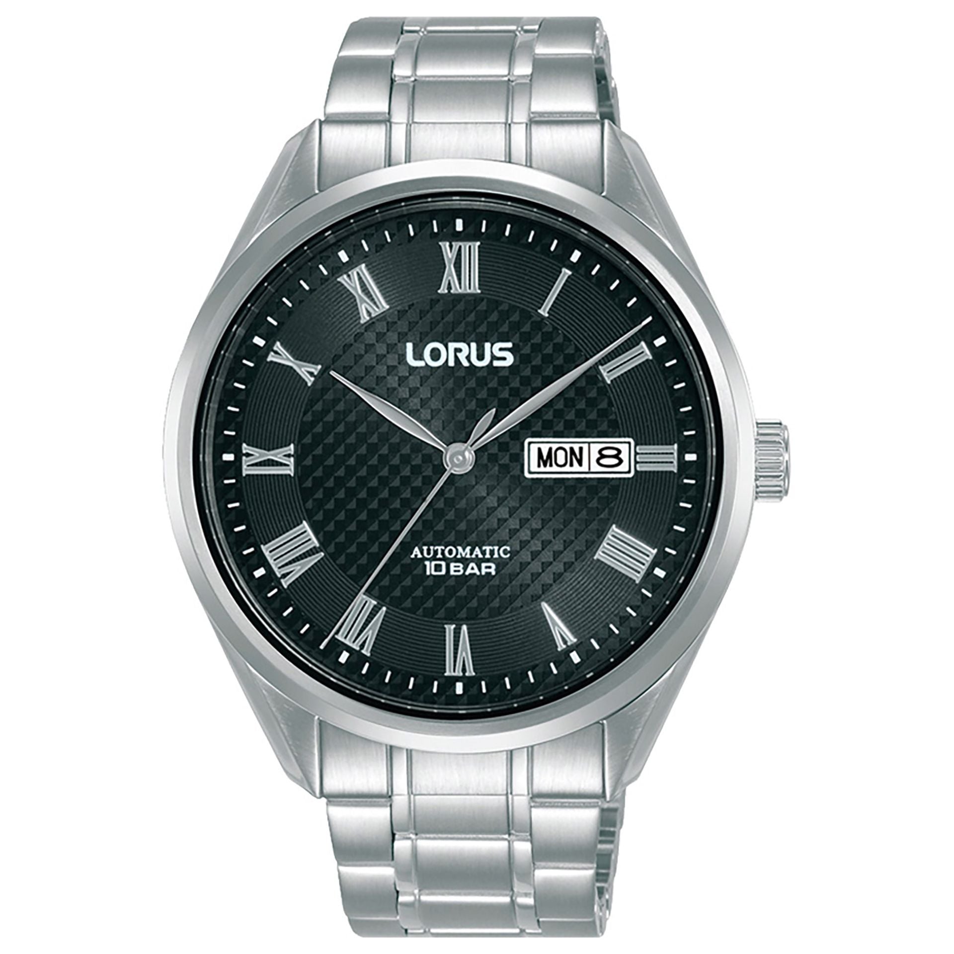 Lorus men's watches featuring a black dial, silver bracelet, and automatic movement with date display.