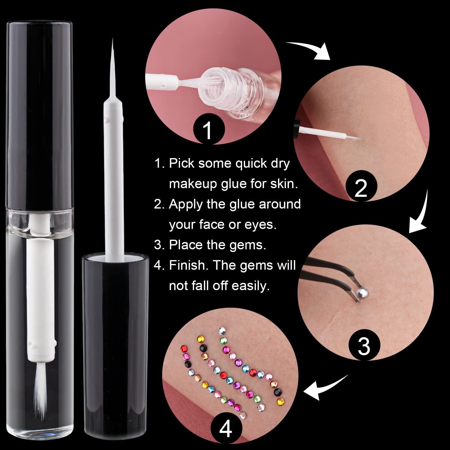 Flat Back Rhinestone Kits Colorful Rhinestones+Crystal Ab&Transparent White Face Gems Nail Gem with Quick Dry Makeup Glue+Picker Pencil+Tweezer for Bedazzling Face Makeup and Nail Art