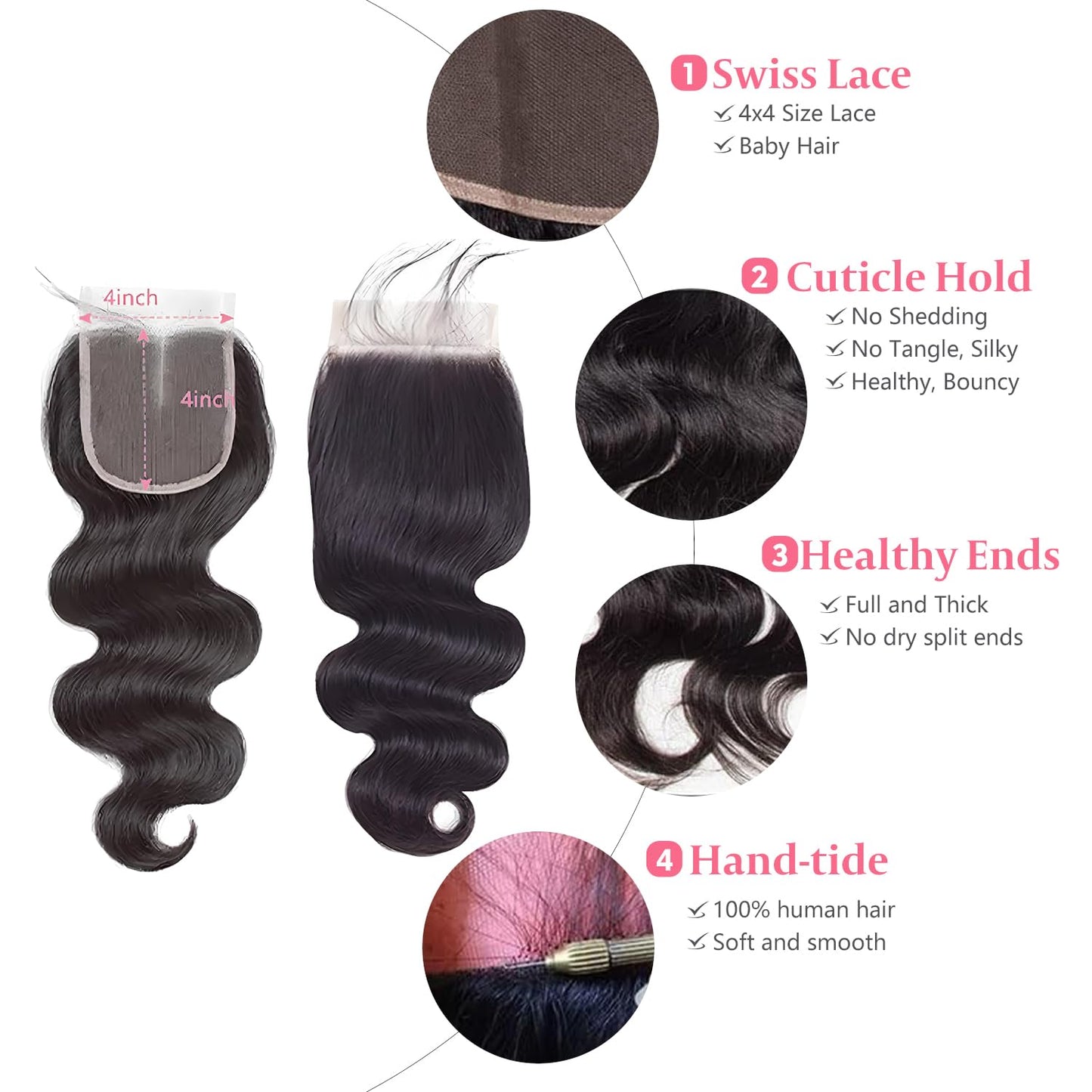 4X4 Lace Closure Human Hair Body Wave HD Lace Closure 8 Inch Free Part 100% Unprocessed Brazilian Virgin Human Hair Extensions for Women 150% Density Pre Plucked with Baby Hair Natural Black Color