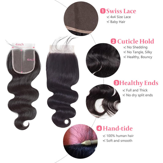 4X4 Lace Closure Human Hair Body Wave HD Lace Closure 8 Inch Free Part 100% Unprocessed Brazilian Virgin Human Hair Extensions for Women 150% Density Pre Plucked with Baby Hair Natural Black Color