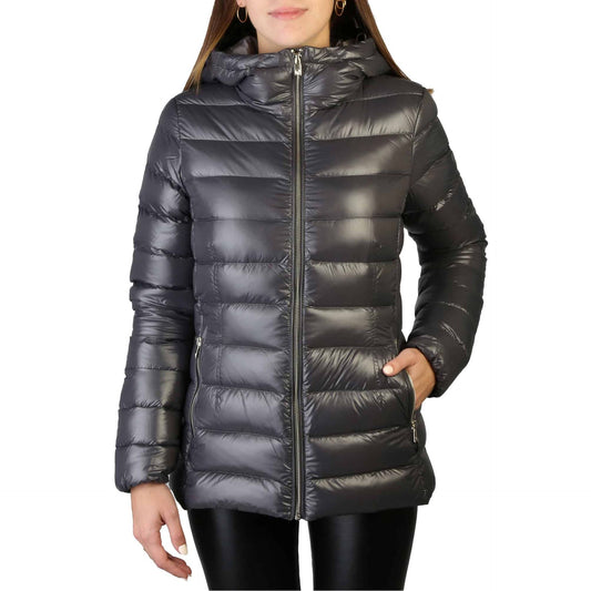 Ciesse women's fall winter jackets in gray, featuring a zip-up design and hood, perfect for cold weather.