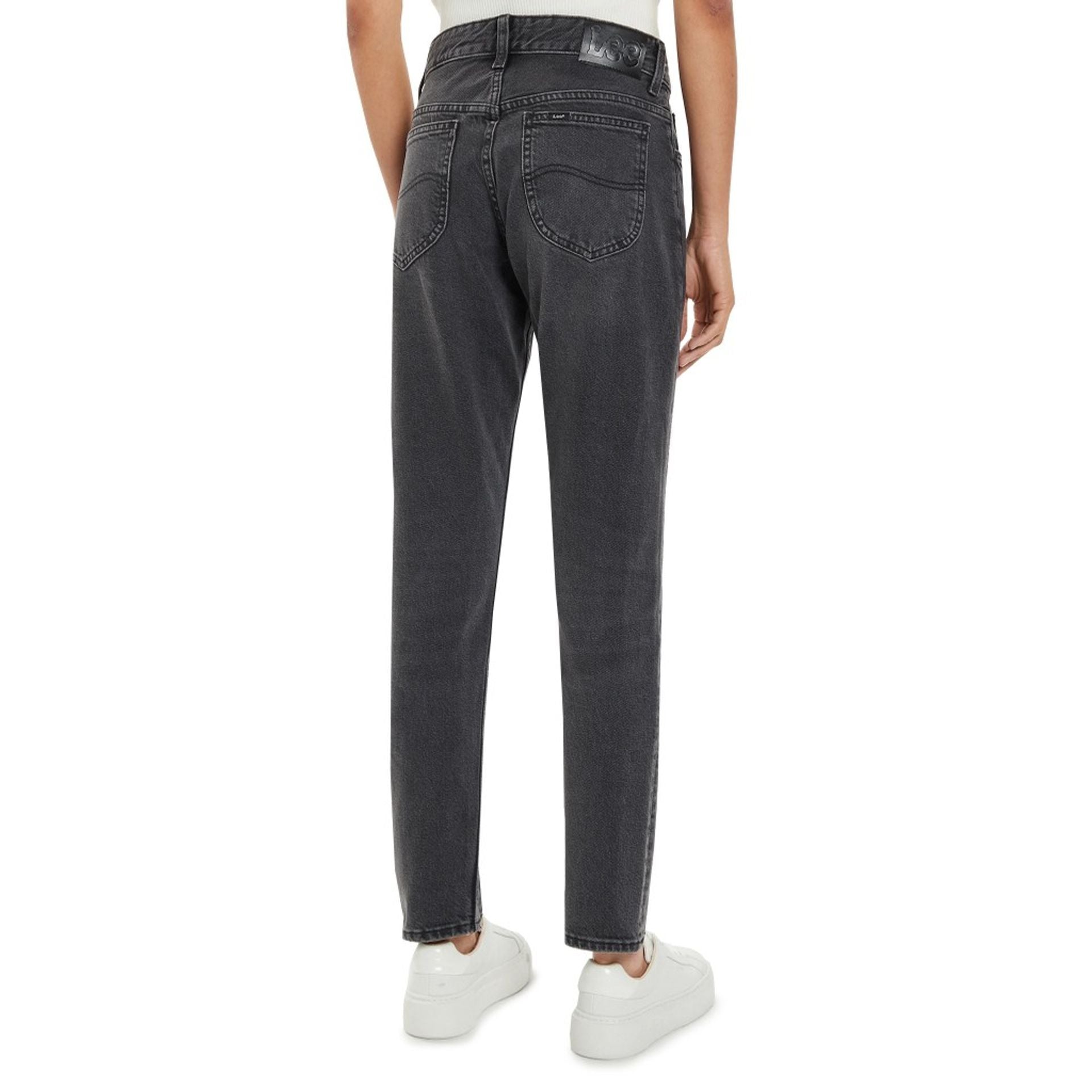 Back view of women's Lee jeans in black color, showcasing a slim-fit design and stylish pockets.