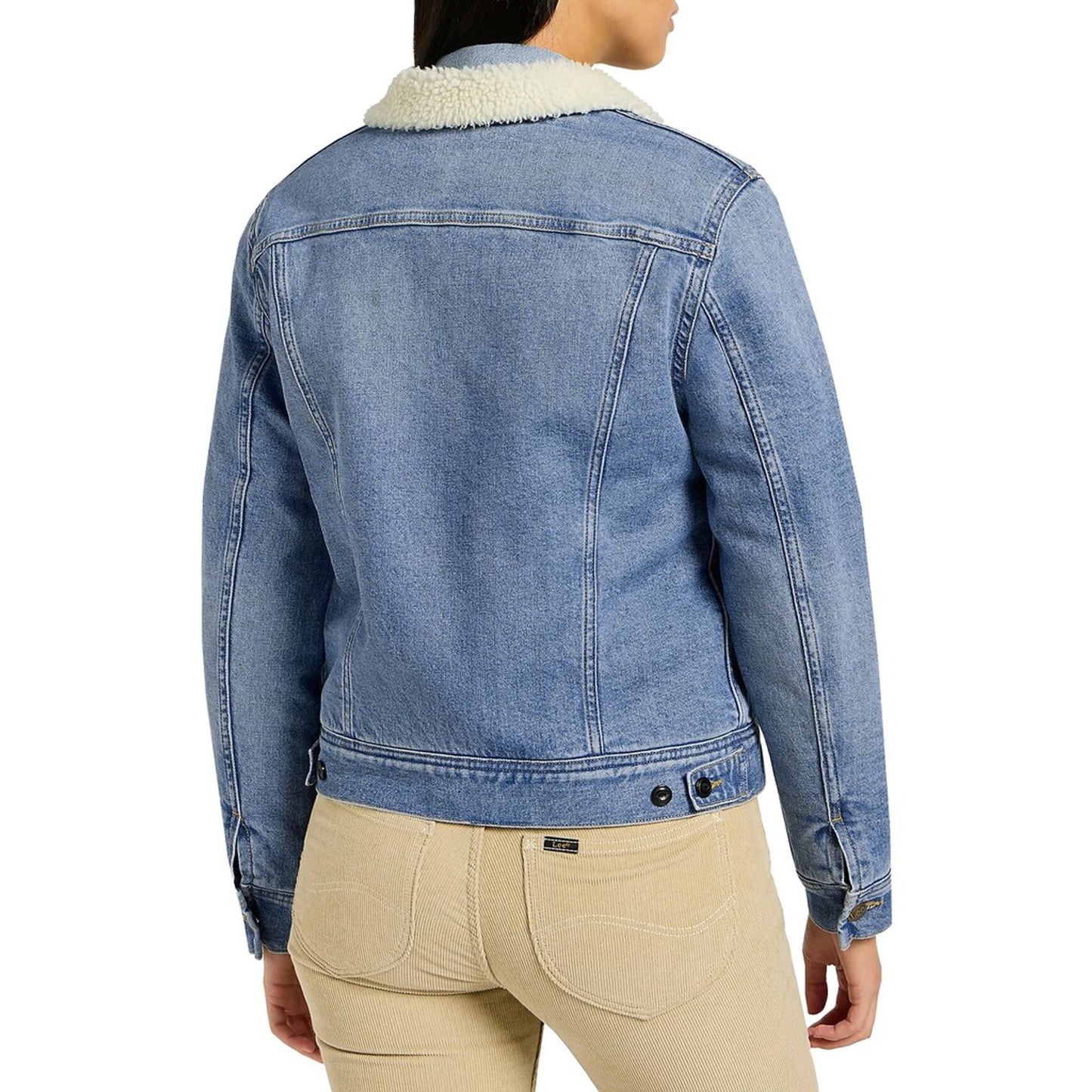 Woman wearing a blue denim women's bomber jacket with a cozy collar, showcasing the back view.