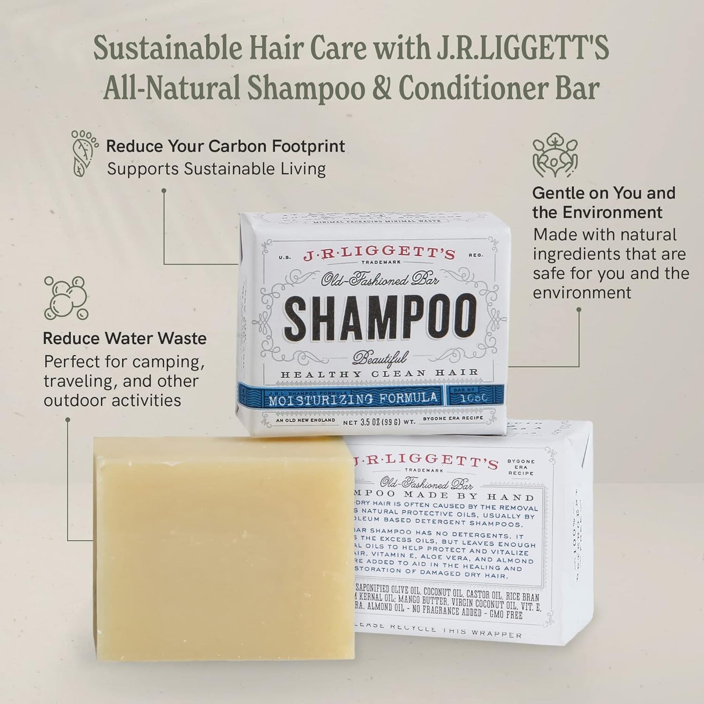 J.R.LIGGETT'S Moisturizing Formula Shampoo Bar and Conditioner Bar 3-Pack, All-Natural, Plant-Based Solid Hair Care Set, Sulfate-Free, 2 X 3.5 Oz Shampoo / 1.75 Oz Conditioner