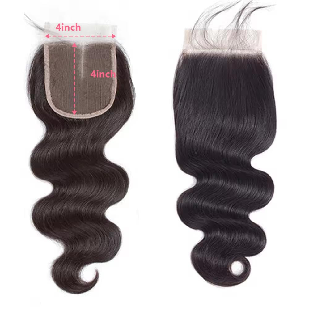 4X4 Lace Closure Human Hair Body Wave HD Lace Closure 8 Inch Free Part 100% Unprocessed Brazilian Virgin Human Hair Extensions for Women 150% Density Pre Plucked with Baby Hair Natural Black Color