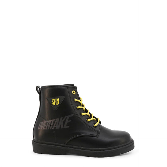 Shone fall winter ankle boots for kids in black with yellow laces and OVERTAKE logo