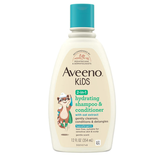 Aveeno Kids Shampoo & Conditioner, Formulated with Oat Extract to Gently Cleanse, Condition & Detangle Kids Hair, for Sensitive Skin and Scalp, Hypoallergenic, 12 Fl Oz
