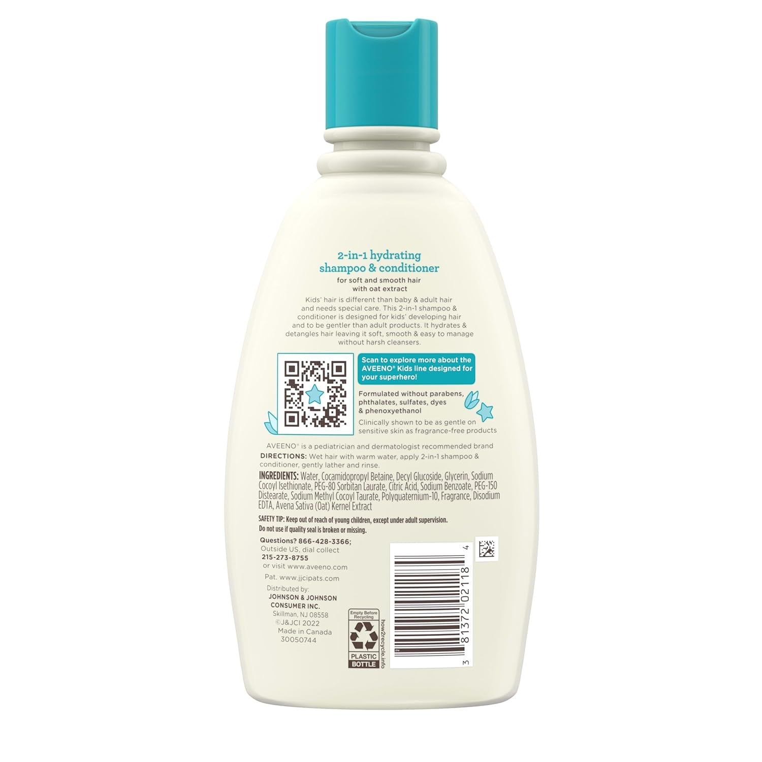 Aveeno Kids Shampoo & Conditioner, Formulated with Oat Extract to Gently Cleanse, Condition & Detangle Kids Hair, for Sensitive Skin and Scalp, Hypoallergenic, 12 Fl Oz