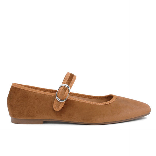 Fashion attitude ballet flats in brown suede with a decorative strap and buckle for women, perfect for stylish looks.