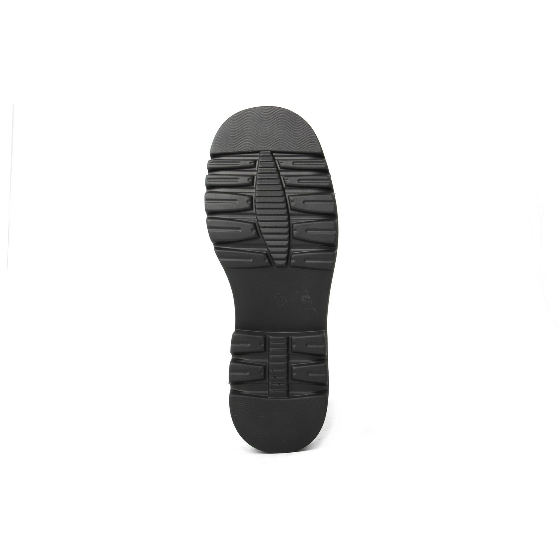 Sole of women's fashion ankle boots featuring a rugged tread design for traction and durability.