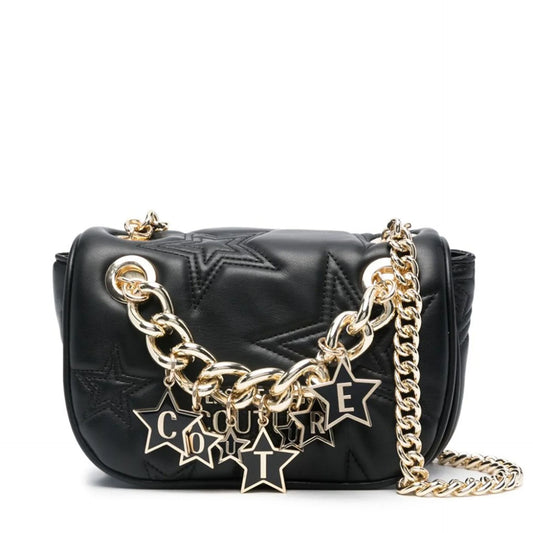 Versace Jeans Crossbody Bags featuring a black leather design with gold chain accents and decorative star charms.