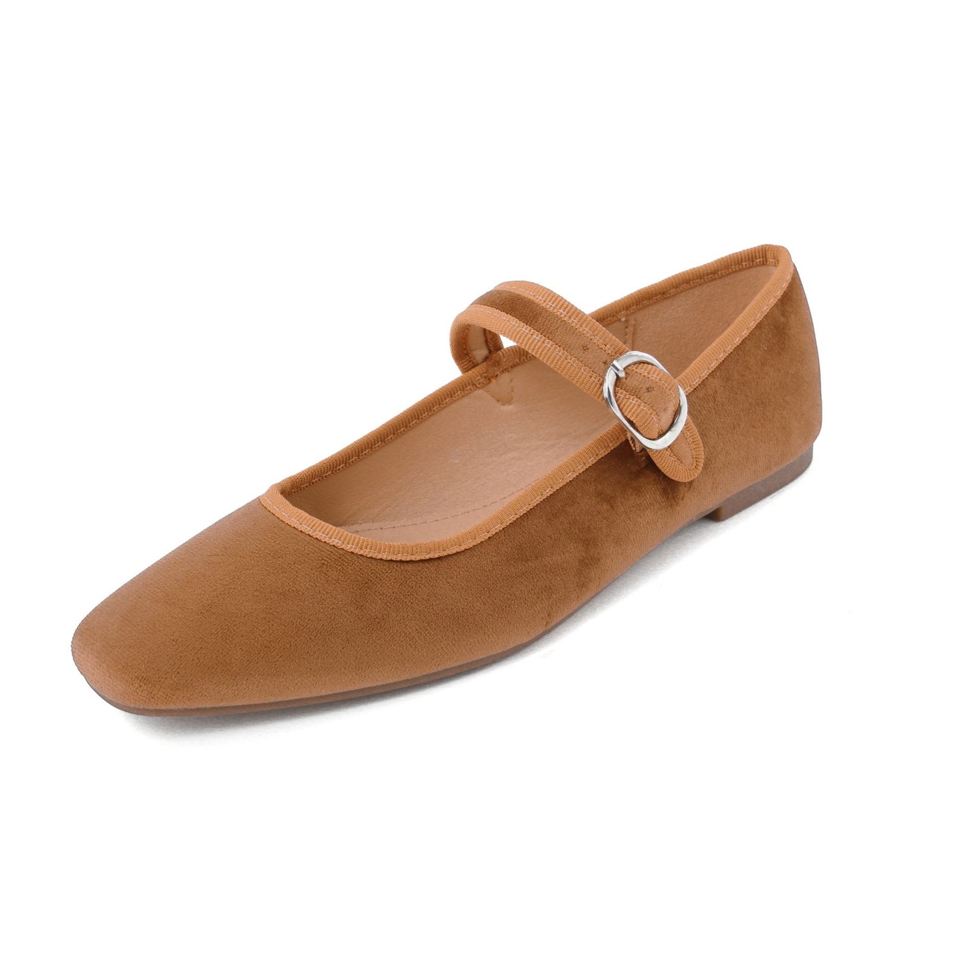 Fashion ballet flats for women in brown suede with a stylish strap and buckle detail.