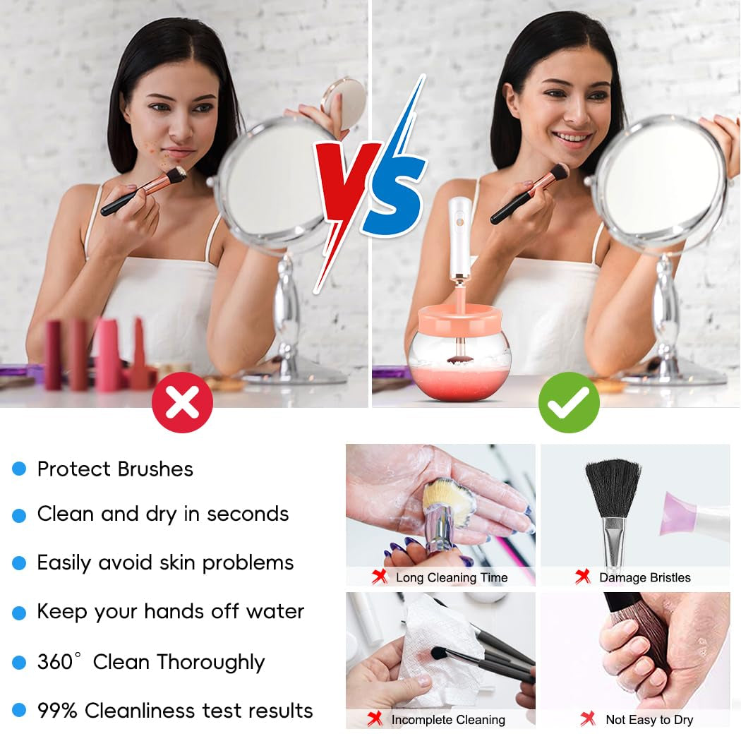 Makeup Brush Cleaner,Electric Makeup Brush Cleaner Machine with 8 Rubber Collars,Deep Cosmetic Automatic Brush Spinner for All Brushes,Wash and Dry in Seconds (Pink)