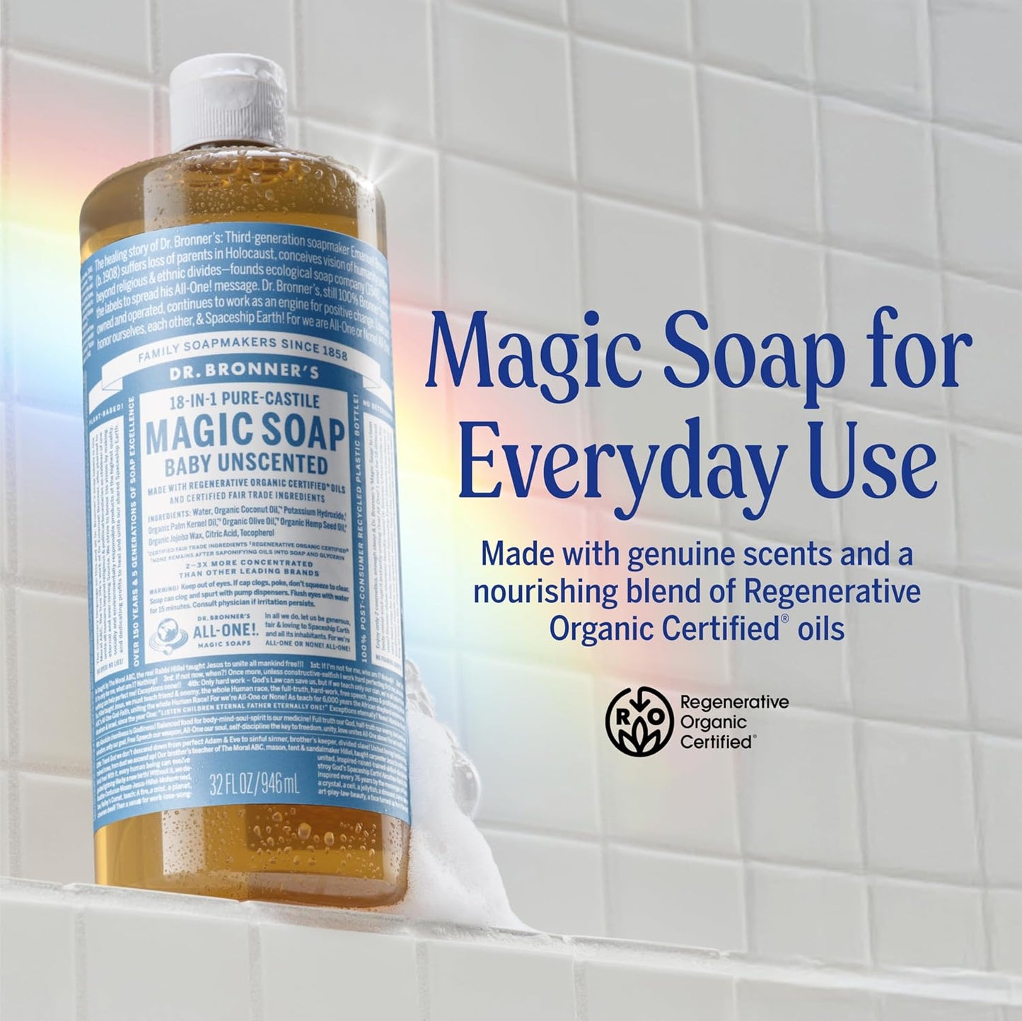 Pure-Castile Magic Soap Liquid (Baby Unscented, 32 Ounce) – Made with Regenerative Organic Certified Oils – for Sensitive Skin, Babies, Face, Hair, Laundry, Dishes, Hand Soap & Body Wash