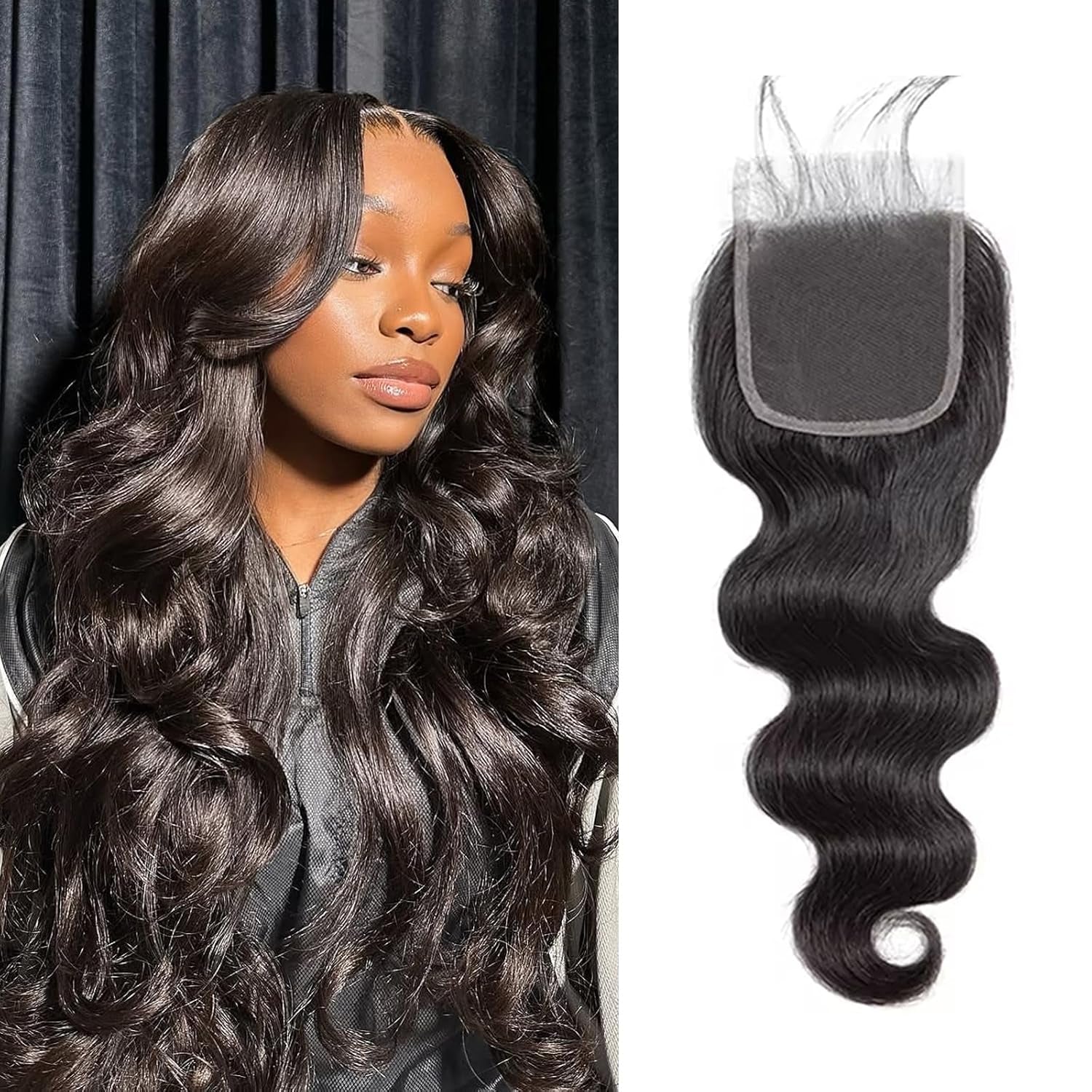 4X4 Lace Closure Human Hair Body Wave HD Lace Closure 8 Inch Free Part 100% Unprocessed Brazilian Virgin Human Hair Extensions for Women 150% Density Pre Plucked with Baby Hair Natural Black Color