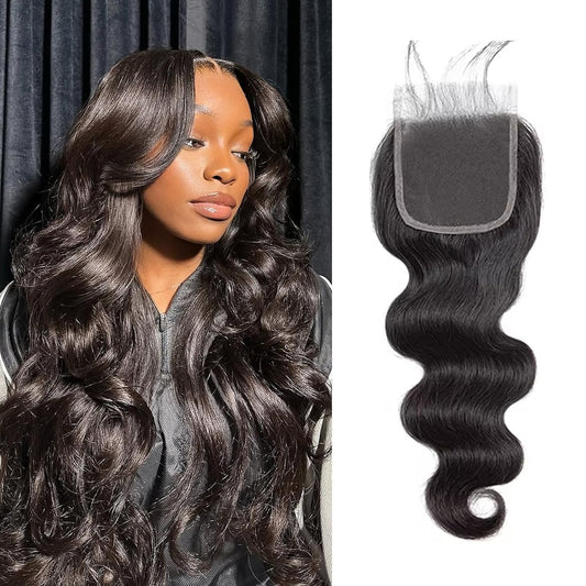 4X4 Lace Closure Human Hair Body Wave HD Lace Closure 8 Inch Free Part 100% Unprocessed Brazilian Virgin Human Hair Extensions for Women 150% Density Pre Plucked with Baby Hair Natural Black Color