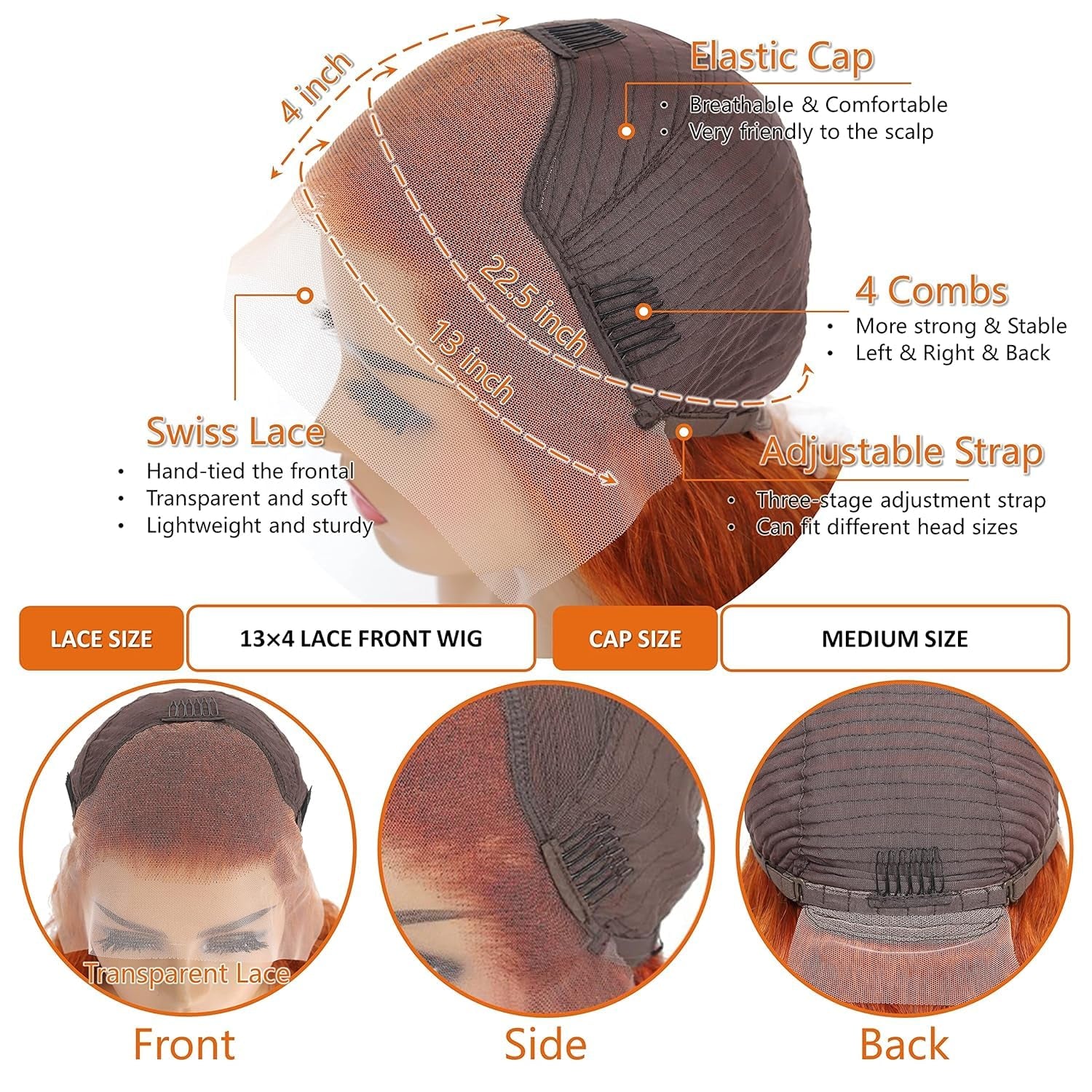 Ginger Orange Lace Front Wigs Human Hair for Black Women 13X4 HD Straight Lace Frontal Wigs Glueless Ginger Wigs Human Hair Pre Plucked with Baby Hair 180% Density Color Wig 10 Inch