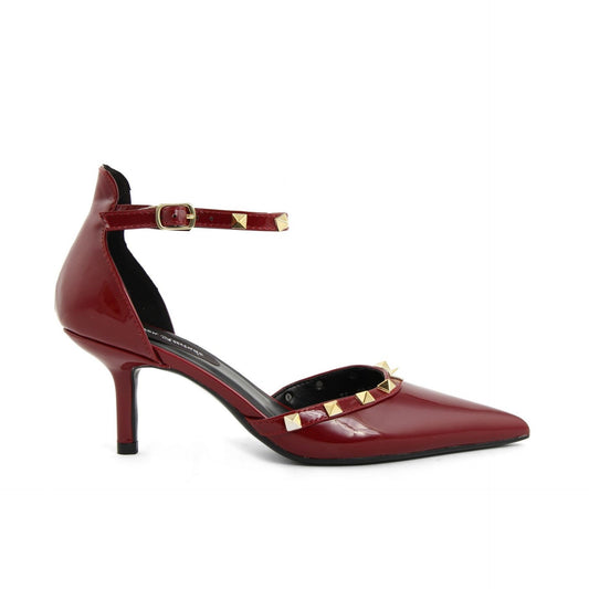 Fashion pumps for women in red with ankle strap and pyramid studs, stylish pointed toe heels.