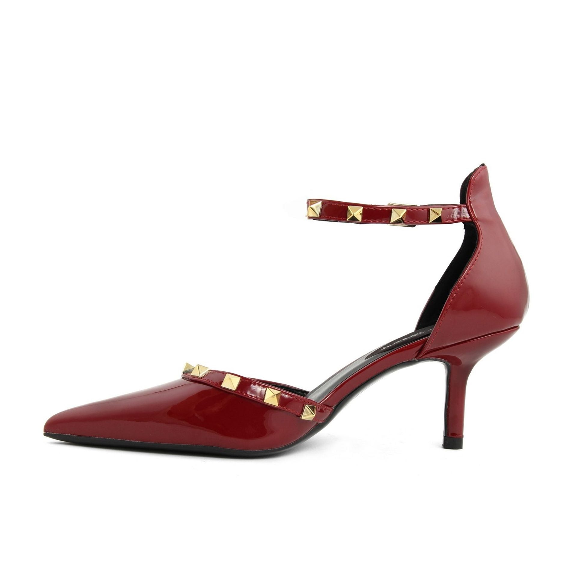 Fashion pumps for women in red with studded detail and a sleek heel for stylish fall/winter wear.