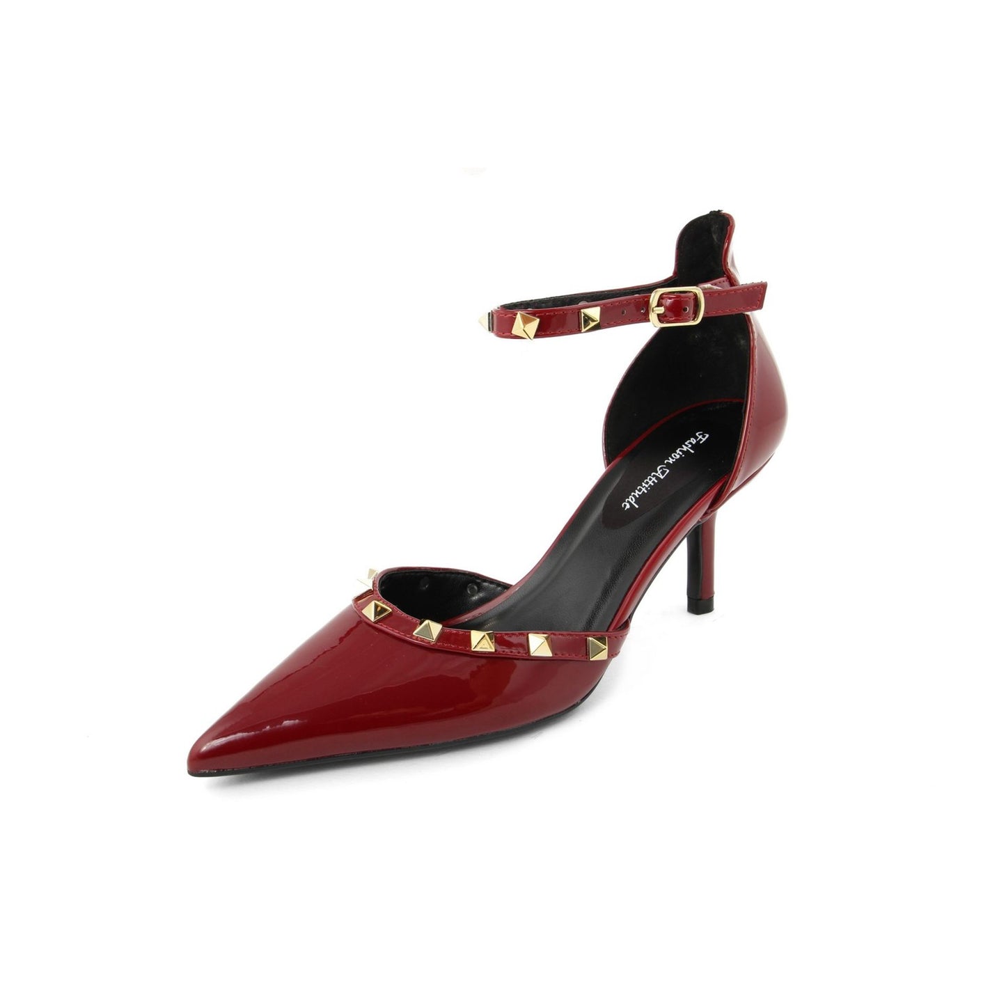 Fashion pumps for women featuring a stylish red design with ankle strap and gold studs, perfect for any occasion.